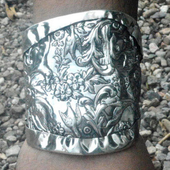 Antique Obsessions Other - Heavy Mens Wide Sterling Silver Cuff Bracelet Dogs